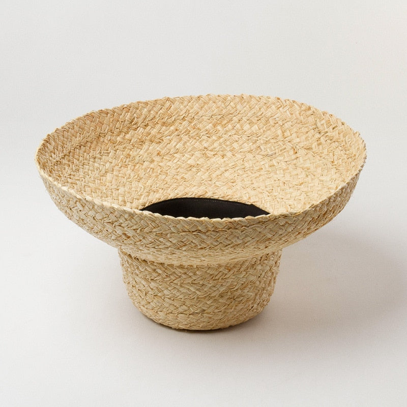 Boho Hat, Beach Hat, Rafia Hat, Vintage Bucket Hat, Beige and Black Ribbon