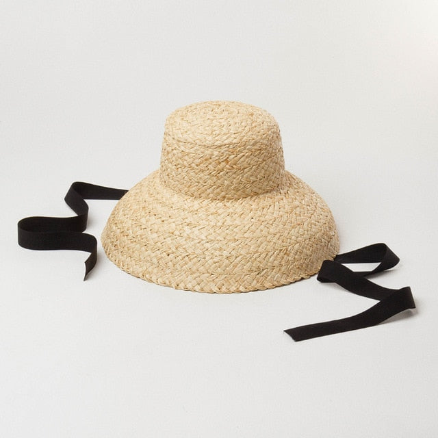 Boho Hat, Beach Hat, Rafia Hat, Vintage Bucket Hat, Beige and Black Ribbon