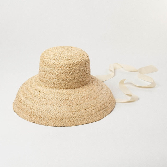Boho Hat, Beach Hat, Rafia Hat, Vintage Bucket Hat, Beige and Black Ribbon