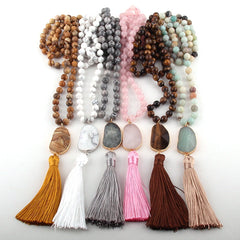 Boho Necklace, RH Rose Quart Amazonite, Oval Tassel Pink Natural Stone