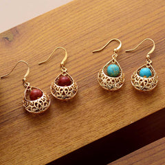 Boho Earrings, Dangle Earrings, Vintage Indian Gold Blue and Red
