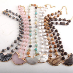Boho Necklace, RH Rose Quart Amazonite, Half Moon Pink Natural Stone
