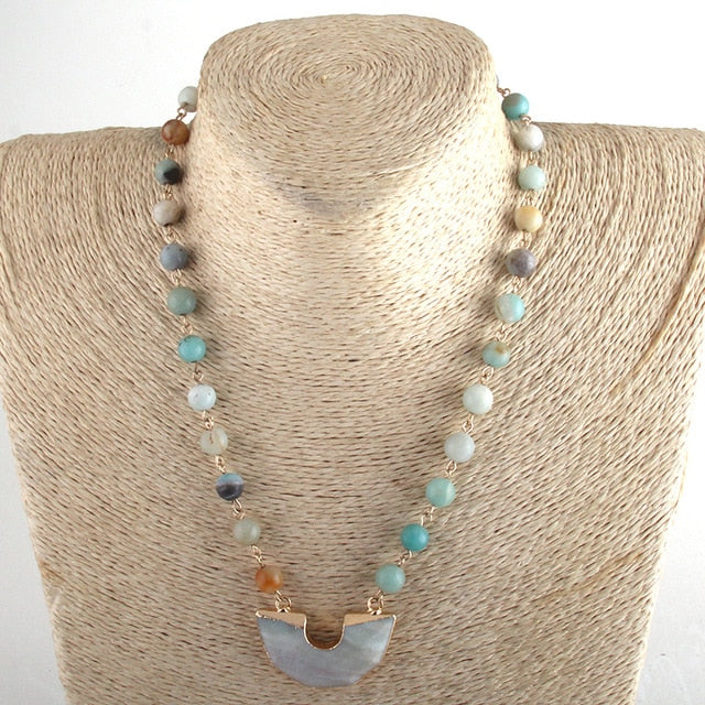 Boho Necklace, RH Rose Quart Amazonite, Half Moon Pink Natural Stone