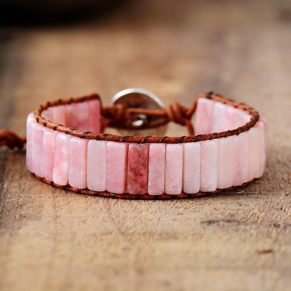 Boho Bracelet, Leather Wrap Bracelet, Tube Natural Pink Stone