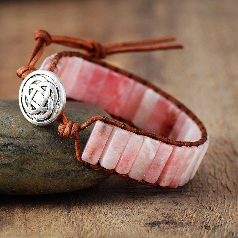 Boho Bracelet, Leather Wrap Bracelet, Tube Natural Pink Stone