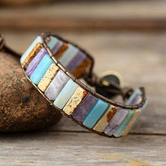Boho Bracelet, Leather Wrap Bracelet, Tube Natural Pink Stone