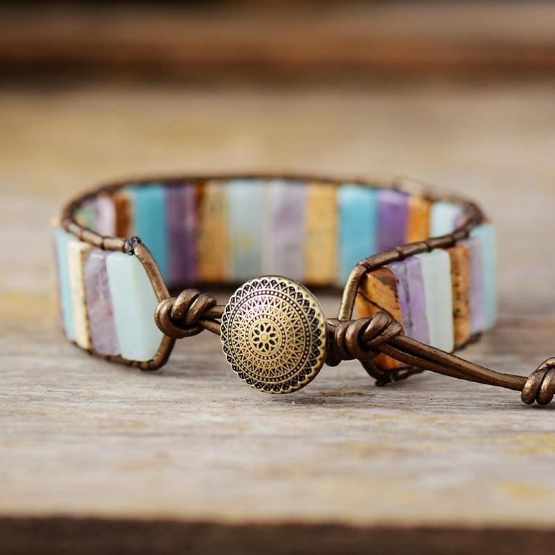 Boho Bracelet, Leather Wrap Bracelet, Tube Natural Pink Stone