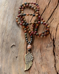 Boho Necklace, Blue and Brown Pyrite Angel Wing