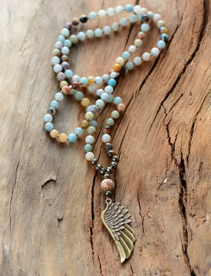 Boho Necklace, Blue and Brown Pyrite Angel Wing