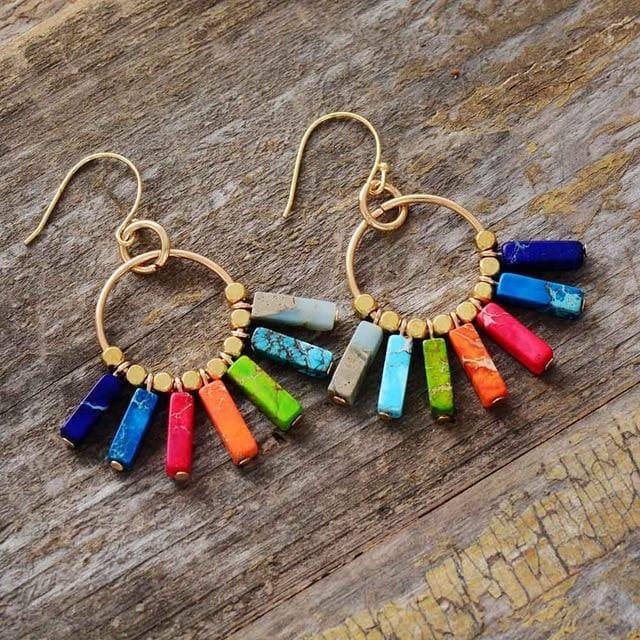 Boho Earrings, Dangle Earrings, Red Blue Green Chakra