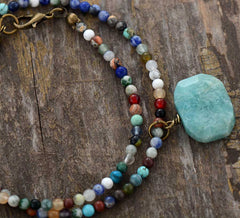 Boho Necklace, Choker Necklace, Mix Natural Stone Beads, Pendant
