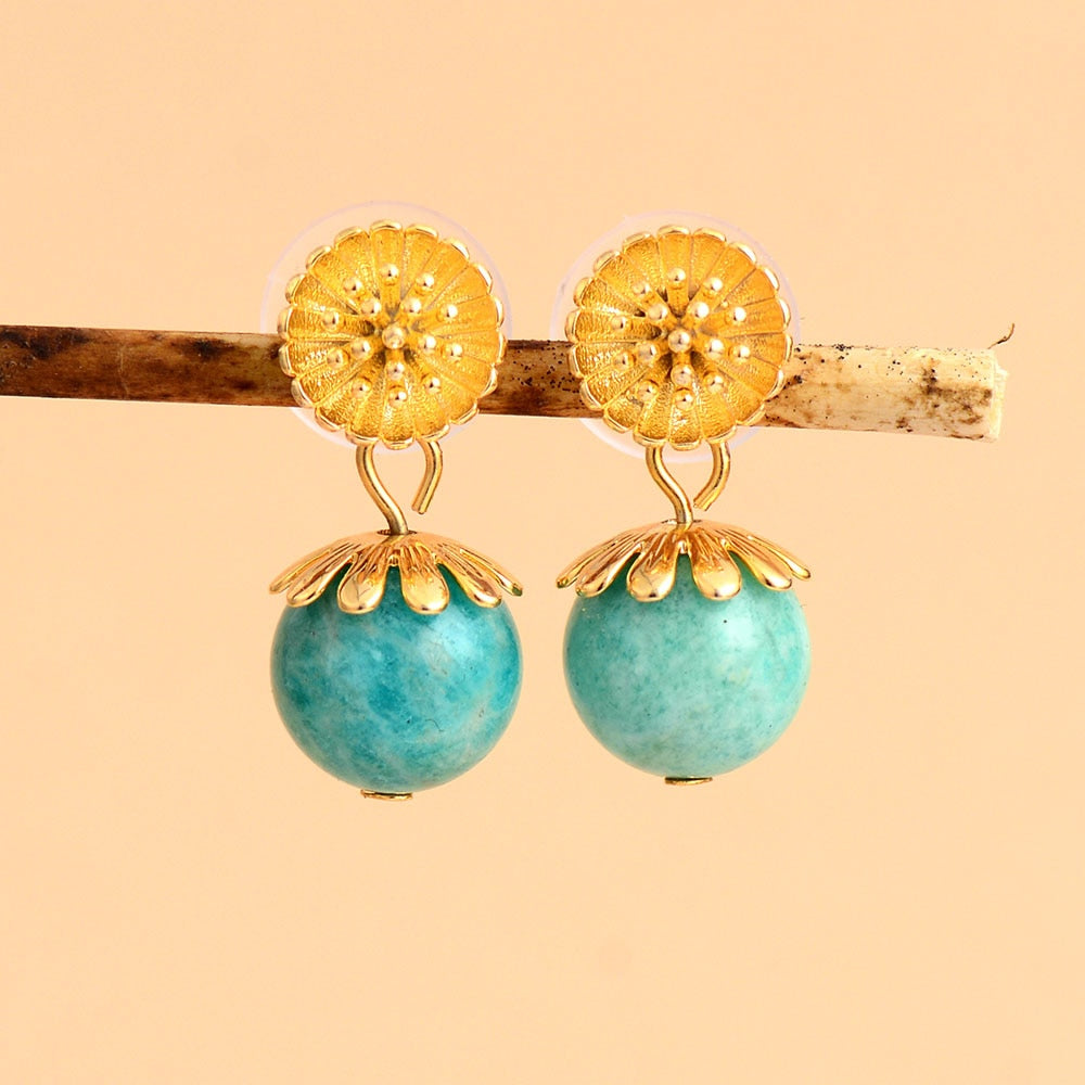 Boho Earrings, Dangle Earrings, Blue Amazonite Gold Flower
