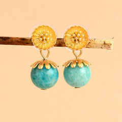 Boho Earrings, Dangle Earrings, Blue Amazonite Gold Flower