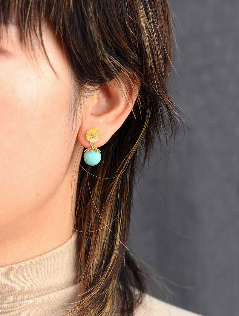 Boho Earrings, Dangle Earrings, Blue Amazonite Gold Flower