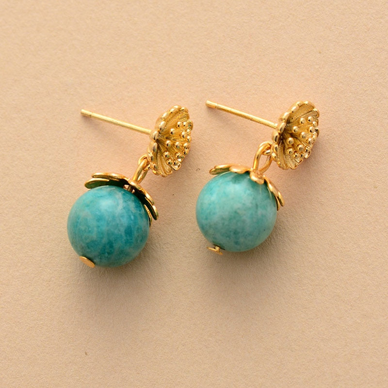 Boho Earrings, Dangle Earrings, Blue Amazonite Gold Flower