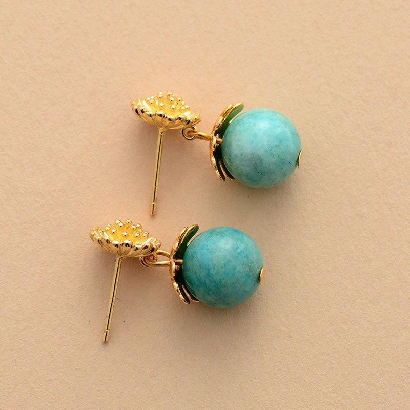 Boho Earrings, Dangle Earrings, Blue Amazonite Gold Flower