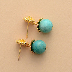 Boho Earrings, Dangle Earrings, Blue Amazonite Gold Flower