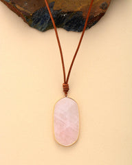 Boho Necklace, Natural Stone Pendant, Pink Rose Quartzs