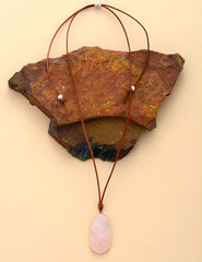Boho Necklace, Natural Stone Pendant, Pink Rose Quartzs
