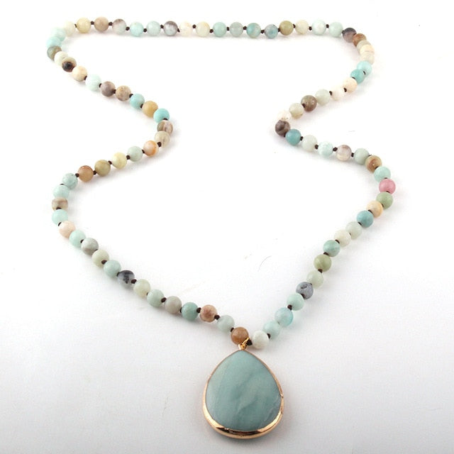 Boho Necklace, RH Rose Quart Amazonite, Oval Blue Pink Natural Stone