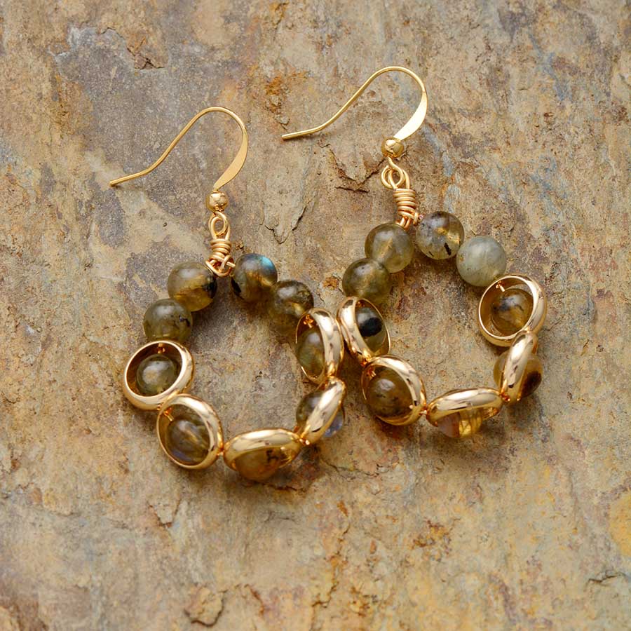Boho Earrings, Dangle Earrings, Gold Loop Labradorite