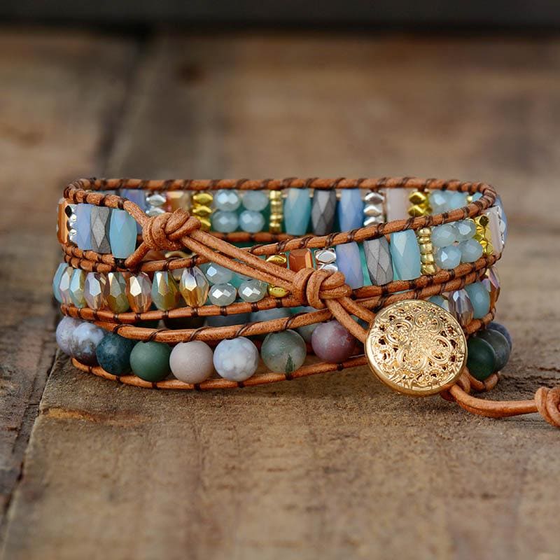 Boho Bracelet, 3 Layers Leather Wrap Bracelet, Natural Blue Stone