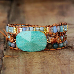 Boho Bracelet, 3 Layers Leather Wrap Bracelet, Natural Blue Stone