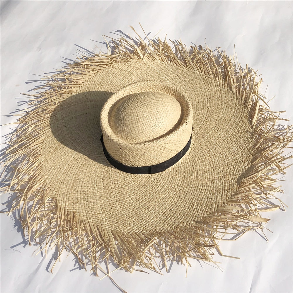 Boho Hat, Sun Hat, Beach Hat, Wide Brim Hat, Straw Hat, Black Ribbon