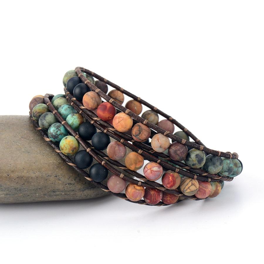 Boho Bracelet, 3 Layers Leather Wrap Bracelet, 6 mm Stones