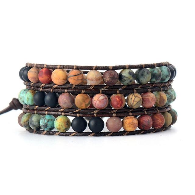 Boho Bracelet, 3 Layers Leather Wrap Bracelet, 6 mm Stones