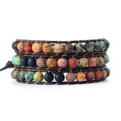Boho Bracelet, 3 Layers Leather Wrap Bracelet, 6 mm Stones