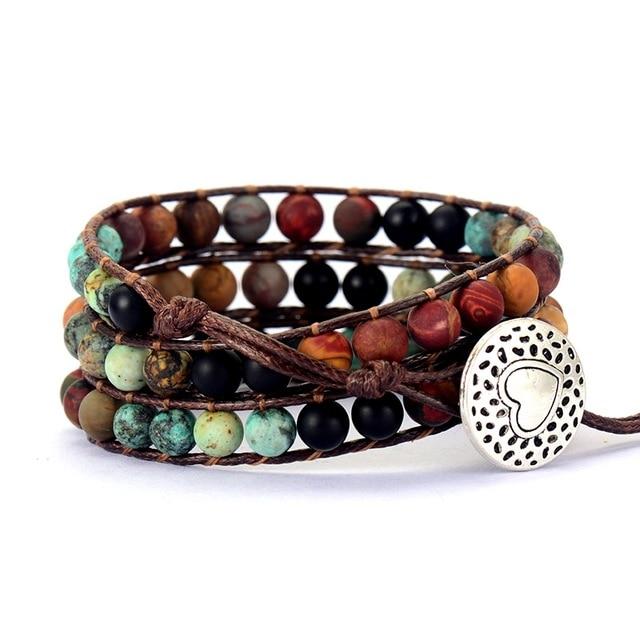 Boho Bracelet, 3 Layers Leather Wrap Bracelet, 6 mm Stones
