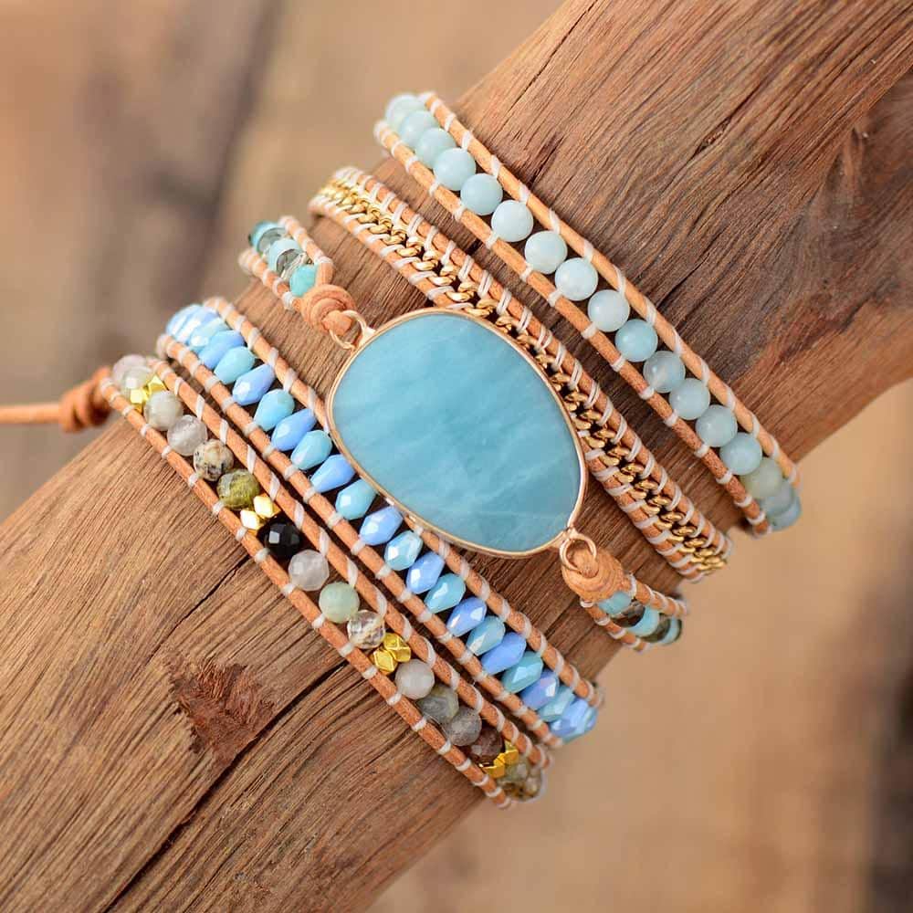 Boho Bracelet, 5 Layers Leather Wrap Bracelet, Handmade Natural Blue Stone Crystal