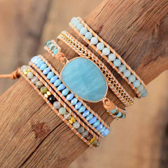 Boho Bracelet, 5 Layers Leather Wrap Bracelet, Handmade Natural Blue Stone Crystal
