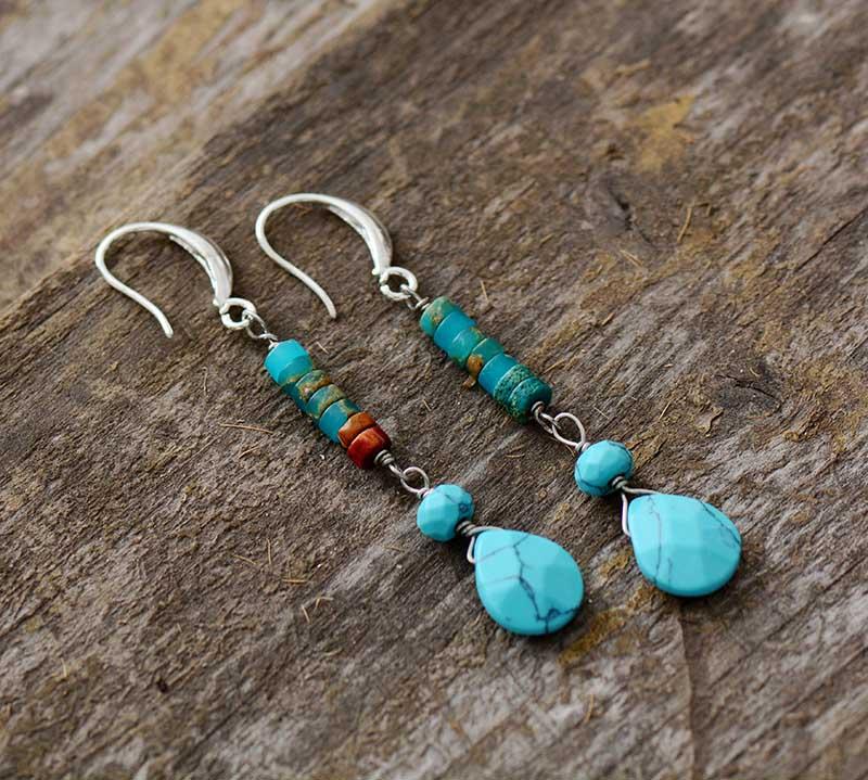 Boho Earrings, Dangle Earrings, Natural Blue and  Pink Stones