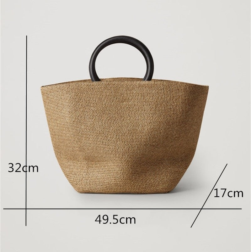 Boho Bag, Woven Grass Straw Absket Bag, Black Handle