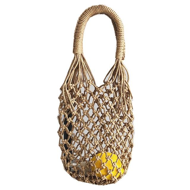 Boho Bag, Woven Mesh Rope Tote Bag Kezia in Brown and White