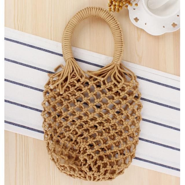 Boho Bag, Woven Mesh Rope Tote Bag Kezia in Brown and White