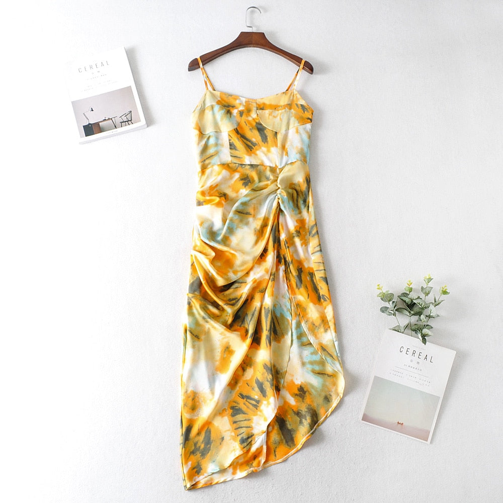 Boho Midi Dress, Strappy, Yellow Blue Neon