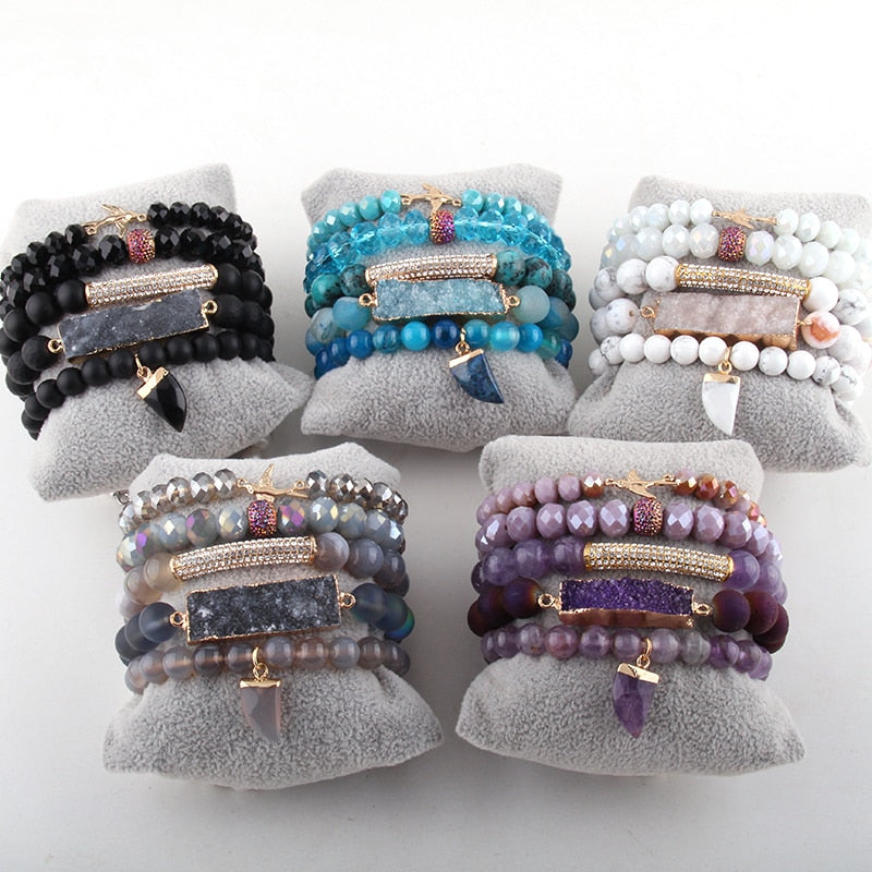 Boho Bracelet, RH Bracelet Set, Freedom Bird, Natural Stones in Green, Rose, White