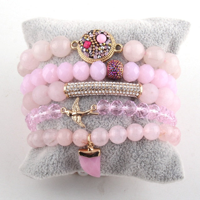 Boho Bracelet, RH Bracelet Set, Freedom Bird, Natural Stones in Green, Rose, White