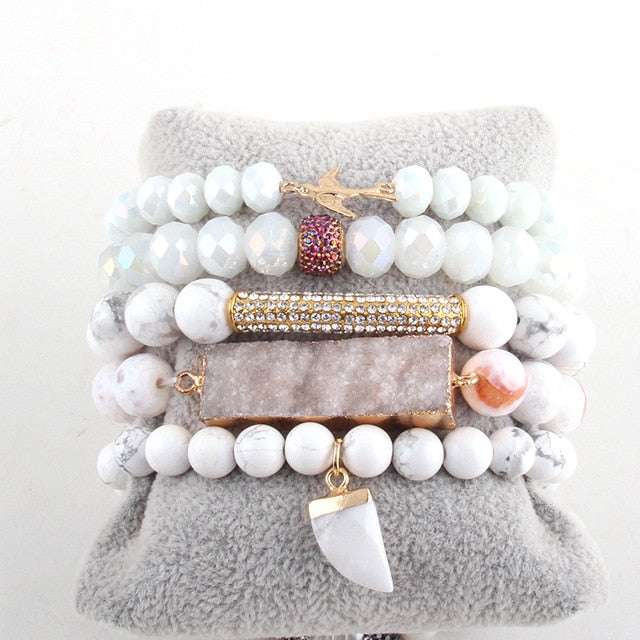 Boho Bracelet, RH Bracelet Set, Freedom Bird, Natural Stones in Green, Rose, White