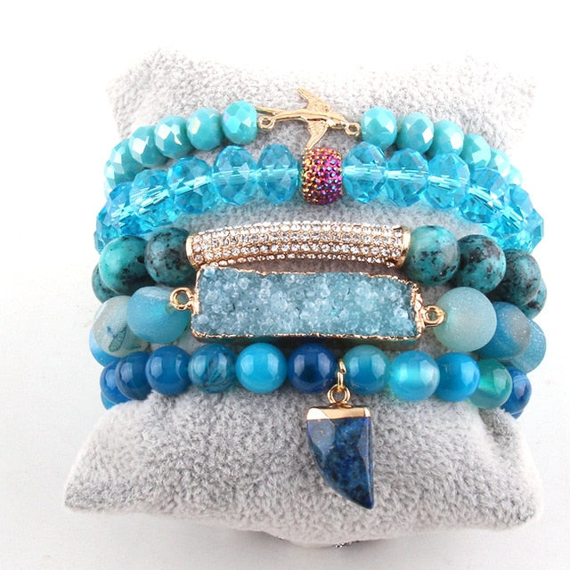 Boho Bracelet, RH Bracelet Set, Freedom Bird, Natural Stones in Green, Rose, White