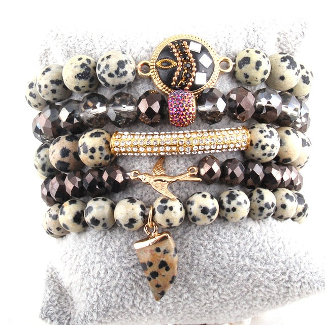 Boho Bracelet, RH Bracelet Set, Freedom Bird, Natural Stones in Green, Rose, White