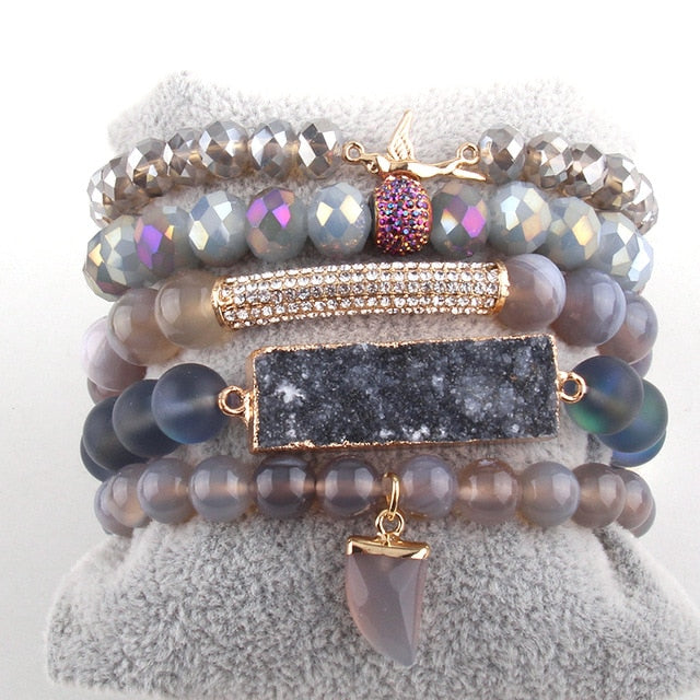 Boho Bracelet, RH Bracelet Set, Freedom Bird, Natural Stones in Green, Rose, White