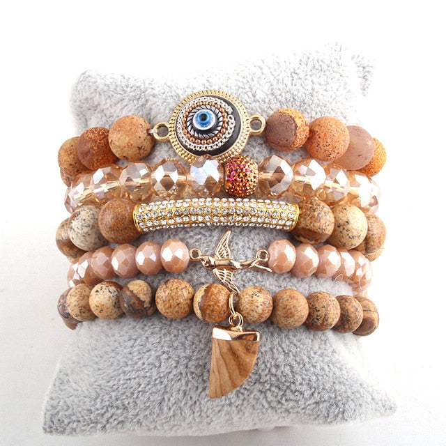 Boho Bracelet, RH Bracelet Set, Freedom Bird, Natural Stones in Green, Rose, White