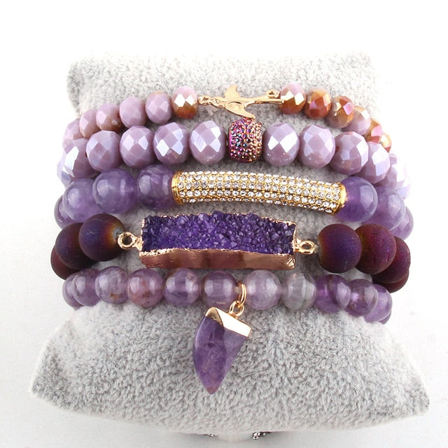 Boho Bracelet, RH Bracelet Set, Freedom Bird, Natural Stones in Green, Rose, White