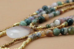 Boho Necklace, 3 Layers, Blue Natural Stone, Teardop Pendant