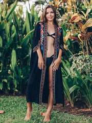 Boho Robe, Beach Cover up, Beach Robe, Cover Up, Embroidered Robe, Zinnia in Black