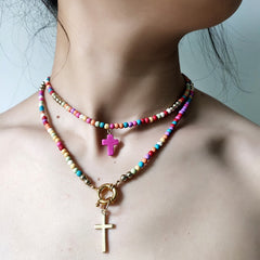 Boho Necklace, Seed Bead Layered Choker, Double Cross